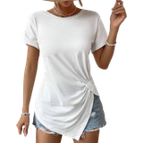 Asymmetriske T-shirts & Toppe Shein LUNE Women's Summer Comfortable Short-Sleeved T-Shirt With Round Neckline, Knotted Hem And Split Side