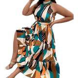 4XL - Dame - Halterneck Kjoler Shein VCAY Plus Geo Print Ruffle Hem Belted Halter Dress