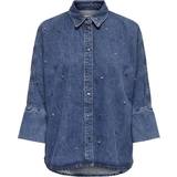 Dame - Oversized Overdele Only Grace 3/4 Rhinestone Shirt - Medium Blue Denim