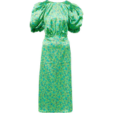 ROTATE Birger Christensen Floral Puff Sleeve Satin Midi Dress - Green