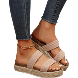 45 - Polyuretan Lave sko Shein 2024 Women Fashionable And Casual All-Match Beige Linen Hoop Comfortable Thick Bottom Height-Increasing Sandals With Fine Striped Pattern