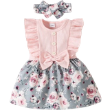 12-18M - Sløjfe Kjoler Shein Fashionable Baby Girl Short Sleeve Floral Print Dress With Bow Decoration