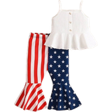 Øvrige sæt Shein Babygirl Cute Knitted Solid Color Ruffle Strap Camisole Top & Splice Stripe Flare Pants Set