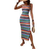 Multifarvet - Slids Kjoler Shein VCAY Summer Beach Geo Printed Slit Slim Fit Slip Long Dress