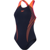 Blå - Cut-Out - Kort ærme Tøj Speedo Placement Women's Laneback Swimsuit - Navy/Orange