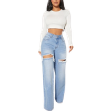 8 - XXL Jeans Shein SXY Single Button Cut Out Ripped Frayed Wide Leg Jeans