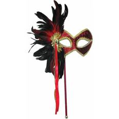 Damer - Guld Masker Bristol Womens Feather Eye Mask on Stick Red