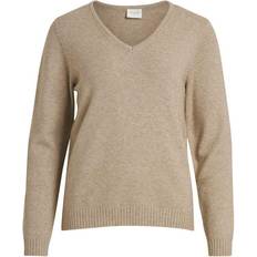Vila Dame - Striktrøjer - XXL Sweatere Vila Ril V-Neck Knitted Pullover - Beige/Natural Melange