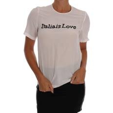 32 - 3XL - Dame T-shirts & Toppe Dolce & Gabbana White Silk ITALIA IS LOVE Blouse Women's T-shirt