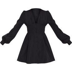 32 - Knapper - Sort Kjoler PrettyLittleThing Button Front Fitted Puff Sleeve Skater Dress - Black