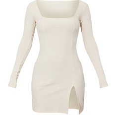 PrettyLittleThing Ribbed Split Hem Square Neck Long Sleeve Bodycon Dress - Cream