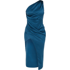 PrettyLittleThing Satin One Shoulder Pleat Detail Midi Dress - Navy