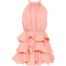 PrettyLittleThing Pink Jumpsuits & Overalls PrettyLittleThing Tiered Frill Short Halterneck Playsuit - Peach
