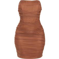 PrettyLittleThing 32 - Dame Kjoler PrettyLittleThing Shape Mesh Corset Detail Ruched Bodycon Dress - Chocolate Brown