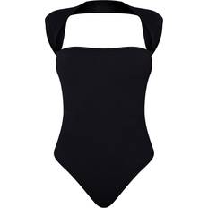 Cut-Out - Dame Bodystockings PrettyLittleThing Contour Rib Cut Out Short Sleeve Bodysuit - Black