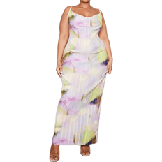 PrettyLittleThing 26 - Dame Kjoler PrettyLittleThing Printed Plisse Cowl Neck Maxi Dress Plus Size - Lilac