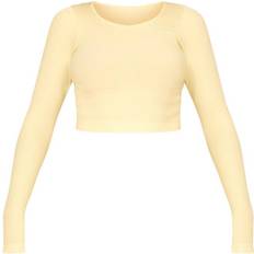 PrettyLittleThing 32 - Dame Overdele PrettyLittleThing Structured Contour Ribbed Round Neck Long Sleeve Crop Top - Beige