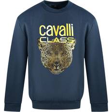 Roberto Cavalli Sweatere Roberto Cavalli Men's Class Leopard Print Logo Jumper - Navy Blue