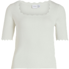 Firkantet - Viskose Overdele Vila Lalana Short Sleeve Knitted Top - White Alyssum