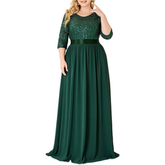 Chiffon - Paillet - V-udskæring Tøj Shein Women's Long Chiffon & Sequin Evening Dress - Dark Green