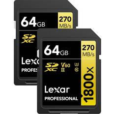 LEXAR 64 GB - SDXC Hukommelseskort & USB Stik LEXAR Professional SDXC Class 10 UHS-II U3 V60 270/180MB/s 64GB (1800x) (2-Pack)