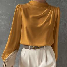 Dame - Gul - Polyester Bluser Shein Bishop Sleeve Draped Front Blouse Workwear