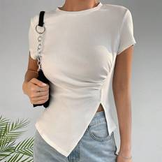 Slids - Slim T-shirts Shein Solid Ruched Asymmetrical Hem Tee