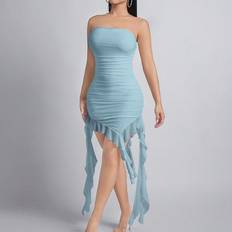 Blå - Korte kjoler - XXS Shein Ruched Asymmetrical Hem Tube Bodycon Dress