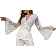 Flæse - Polyester Pyjamasser Shein Appliques Flounce Sleeve Belted PJ Set - White