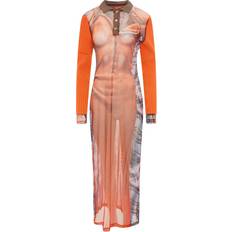 Lange kjoler - Nylon - Orange The Orange Trompe-l'œil Ruffle Neck Knit Dress Orange