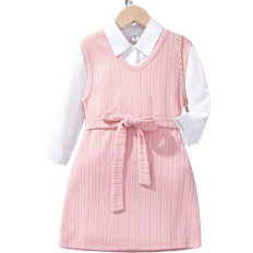 Shein Little Girls' Solid Color Belted Dress And Shirt Set