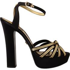35 - 9,5 Højhælede sko Dolce & Gabbana Black Gold Viscose Ankle Strap Heels Sandals Shoes EU40/US9.5