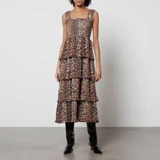 Leopard - Polyester Kjoler Ganni Pleated Georgette Flounce Smock Midi Dress 42/UK Beige