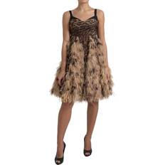 Dolce & Gabbana Chiffon Tøj Dolce & Gabbana Brown Leopard Feather Chiffon Sleeveless Dress IT40