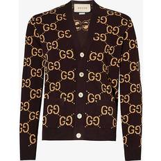 Gucci Brun Overdele Gucci Mens Bordeaux Camel Logo-embroidered Ribbed-trims Wool Cardigan