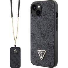 Guess Apple iPhone 15 Mobiletuier Guess iPhone 15 4G Strass Triangle Metal Logo Cover med Crossbody Rem Sort