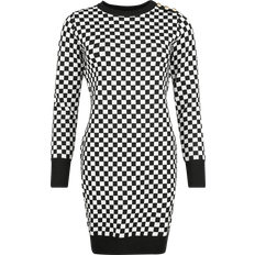 Firkantet - Viskose Kjoler QED London Kort kjole Chess Square Monochrome Knitted Dress S-M till M-L Damer sort-hvid