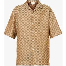 Gucci Overdele Gucci Short-sleeved Gg-jacquard Linen-blend Shirt Mens Camel