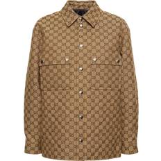 Dame - Lærred Jakker Gucci Womens Camel Ebony Mix Monogram-patterned Padded Cotton-blend Shirt