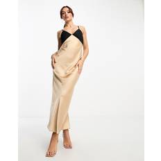 River Island colour block maxi slip dress in beige-Neutral16