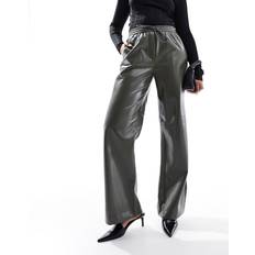 Mango Dame - Grøn Bukser & Shorts Mango Women's Leather-Effect Elastic Waist Trousers Khaki