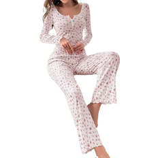 Elastan/Lycra/Spandex - Pink Pyjamasser Shein Toddler Girls' Ribbed Pajama Set With Small Rose Pattern Printing