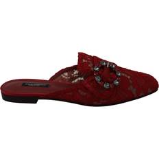 Dolce & Gabbana Rød Sko Dolce & Gabbana Red Lace Crystal Slide On Flats Shoes EU35/US4.5
