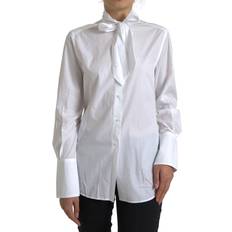 Dolce & Gabbana Dame T-shirts & Toppe Dolce & Gabbana White Cotton Ascot Collar Long Sleeves Top IT42