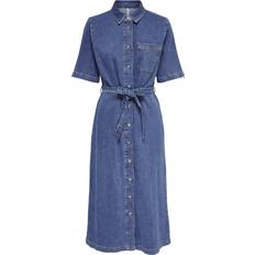 Blå Kjoler Only Midi Denim Dress With Belt - Medium Blue Denim
