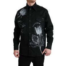 Dolce & Gabbana Bomuld - Sort Kjoler Dolce & Gabbana Black Floral Cotton Collared Dress Shirt IT40