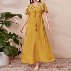Blomstrede - Bomuld - Gul Kjoler Shein Women's V-Neck Flare Sleeve Floral Embroidery Dress