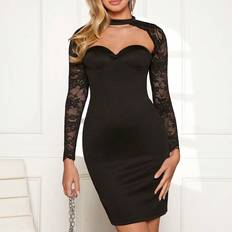 Cut-Out - Polyamid - Sort Kjoler Shein 1pc Contrast Lace Cut Out Front Bodycon Dress