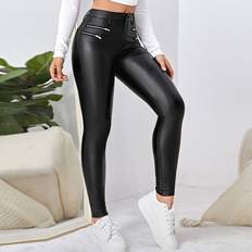 Høj talje - Polyamid Jeans Shein Button Fly Leather Look Skinny Jeans