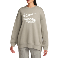 16 - Dame - Grøn Sweatere Nike Women's Sportswear Oversized Fleece Crew-Neck Sweatshirt - Dark Stucco/Sail